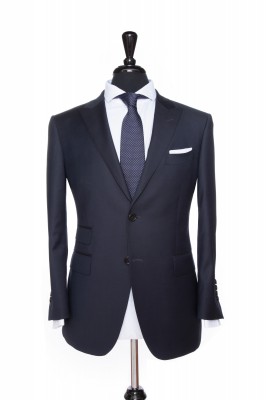Front Mannequin View of Pocket Square's Manhattan Midnight Navy Suit with peak lapels and black buttons