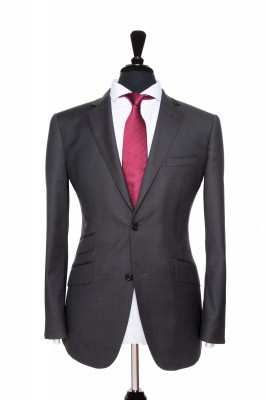Front Mannequin View of Pocket Square's Charcoal Plain Suit with notch lapels and black buttons
