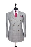 Front Mannequin View of Pocket Square's Light Grey with matching buttons, peak lapel and slanted pockets in a double breasted jacket