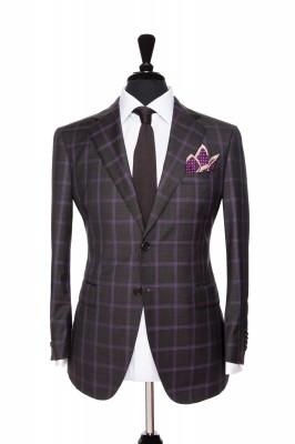 Front Mannequin View of Pocket Square's Charcoal Suit with a purple windowpane