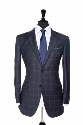 Front Mannequin View of Pocket Square's Navy Suit with a blue windowpane