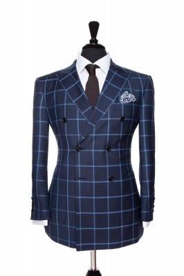Front Mannequin View of Pocket Square's Liberty Blue Suit with a solid blue windowpane in Super 110s in a double breasted jacket