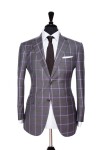 Front Mannequin View of Pocket Square's Dark Grey Suit with a solid purple windowpane in Super 110s