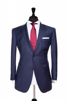 Front Mannequin View of Pocket Square's Milano Pinstripe Navy Suit