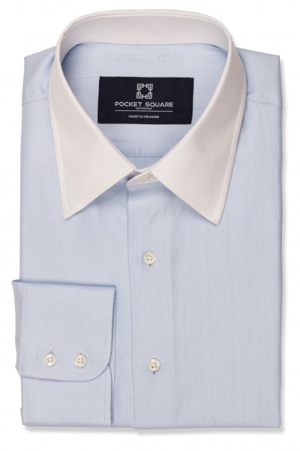 Light Blue Herringbone Shirt with 2 button round cuff and spread classic collar shirt photo