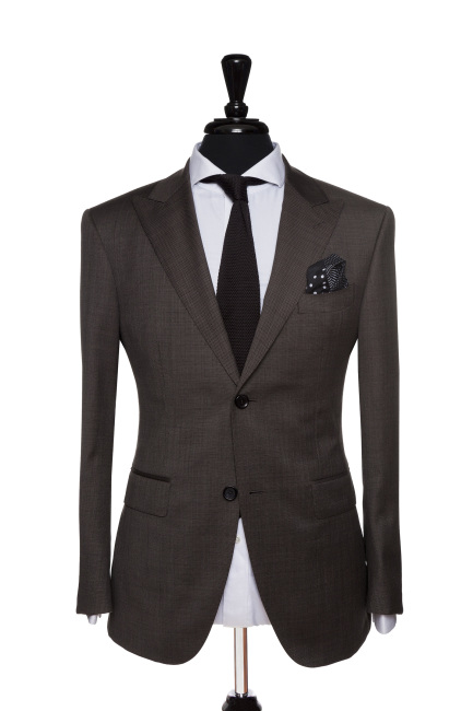 Front Mannequin View of Pocket Square's Marcato Brown Birdseye Suit with matching buttons and peak lapels