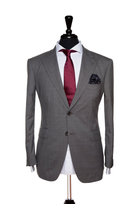 Front Mannequin View of Pocket Square's Mid Grey Sharkskin Suit with peak lapels and matching buttons in Super 110s