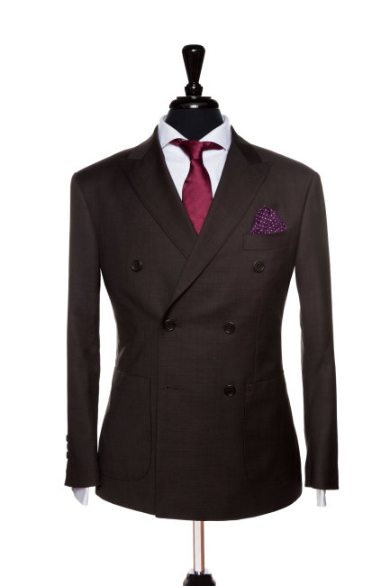 Front Mannequin View of Pocket Square's Brown Plain Double breasted Suit patch pockets and peak lapel